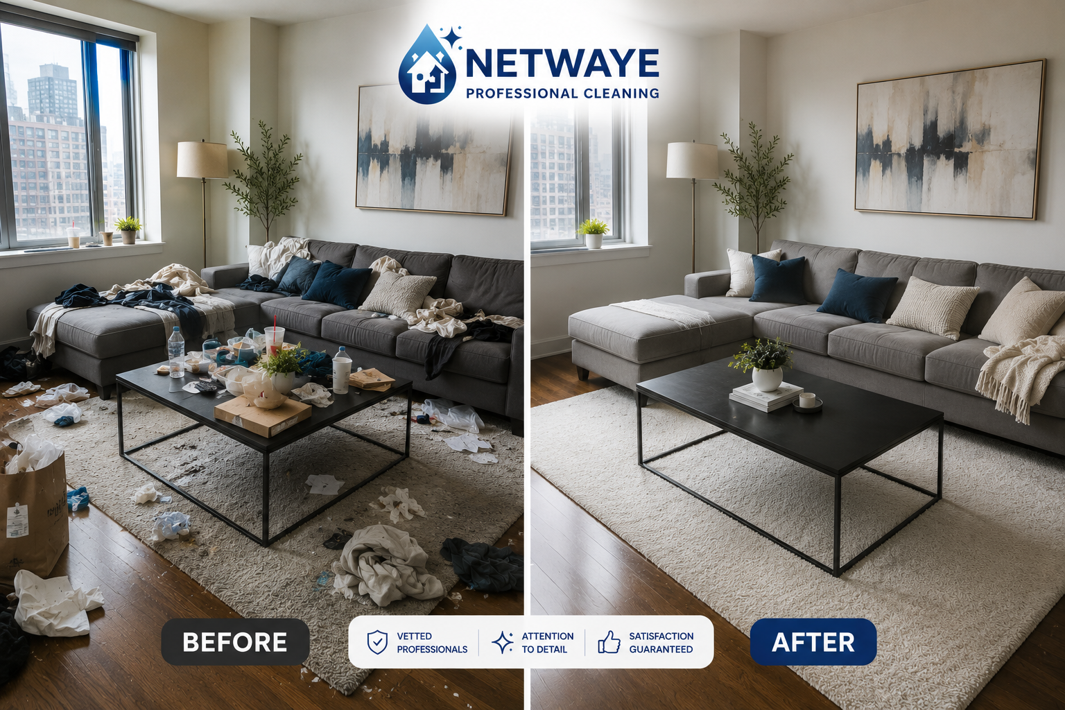 Completed living room detail cleaning service